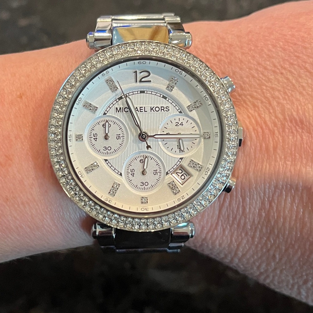 Michael Kors Silver Chronograph Watch with Crystal Bezel